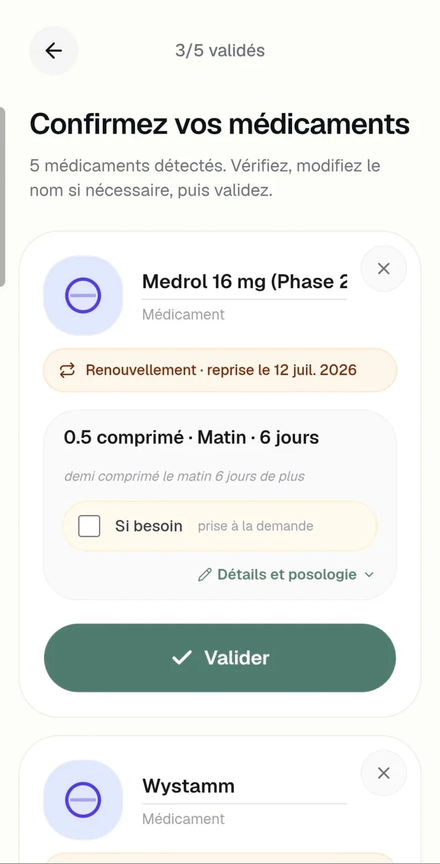 Écran Pilou affichant le badge Renouvellement avec la date de reprise calculée automatiquement