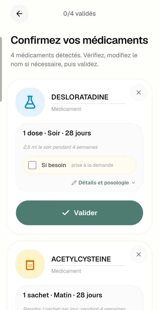 Écran Pilou confirmant les médicaments lus sur l’ordonnance, prêts à valider