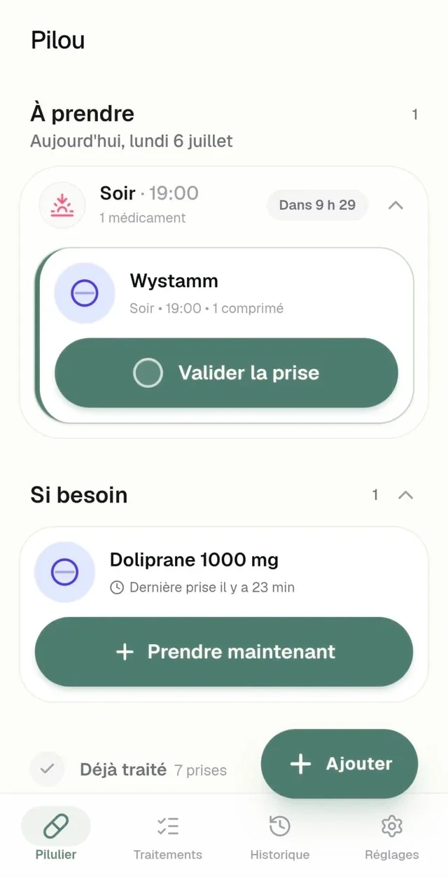 Écran Pilou affichant l’heure de la dernière prise d’un médicament « si besoin »