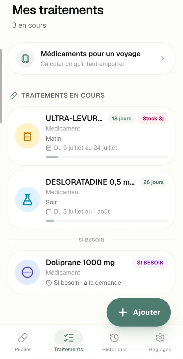 Écran Pilou affichant la liste des traitements avec badges de durée et de stock
